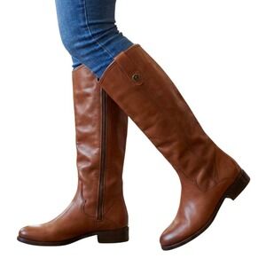 FRYE Women's Riding Boots Tan Leather Knee High Side Zip Size 6 in Cognac